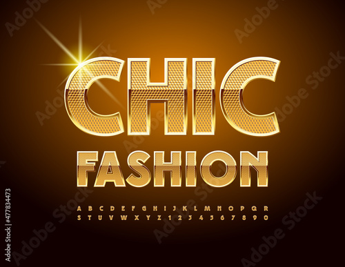 Vector elegant banner Chic Fashion. Textured Gold Font. Modern stylish Alphabet Letters and Numbers set