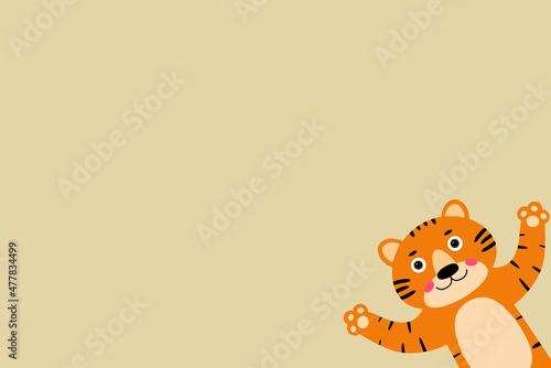 Cute cartoon striped red tiger on white background. Tiger smiles and waves. New Year 2022.