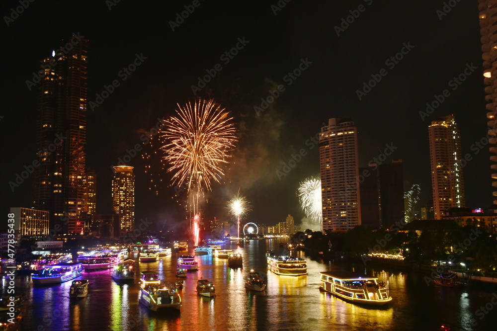 new year celebration fireworks on Cho Phraya river in Thailand new year celebration fireworks on Cho Phraya river in Thailand
