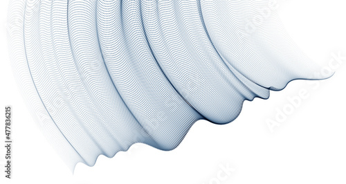 Dynamic wave transparent tulle textile on wind, particles flow, effect in motion. Vector abstract background. 3d shape dots blended mesh, relaxing calming wallpaper.