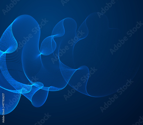 Dynamic magic wave transparent tulle textile on wind over dark, particles flow, effect in motion. Vector abstract background. 3d shape dots blended mesh, relaxing calming wallpaper.