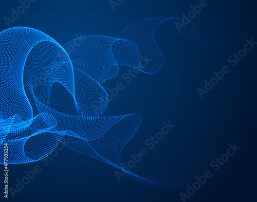 Dynamic magic wave transparent tulle textile on wind over dark, particles flow, effect in motion. Vector abstract background. 3d shape dots blended mesh, relaxing calming wallpaper.