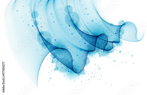 Dynamic particles wave flowing, transparent tulle textile on wind. Dotted curves vector abstract background. Beautiful 3d wave shaped array of blended points.