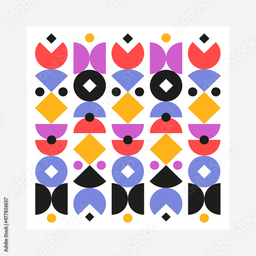 Abstract poster of geometric shapes of different colors. Blue, red, purple, yellow shapes. Vector illustration.