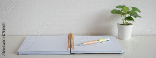 Cahier à spirale ouvert sur une page blanche sur un bureau blanc avec un stylo et une plante verte devant un mur blanc - inspiration et travail dans un style épuré photo