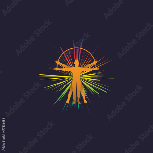 Obraz na plátne Mystical Logo Template Vector has silhouette of divine man with rainbow light