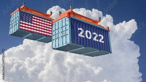 Trading 2022. Freight container with USA national flag. 3D Rendering 