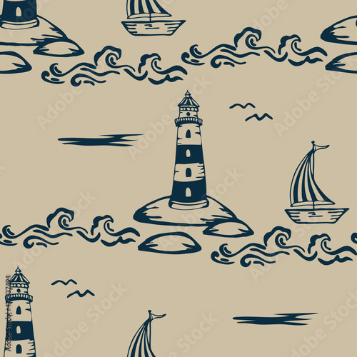 Seamless vector pattern with nautical style lighthouse on beige background. Simple hand drawn vintage marine wallpaper design. Decorative sea wave fashion textile.