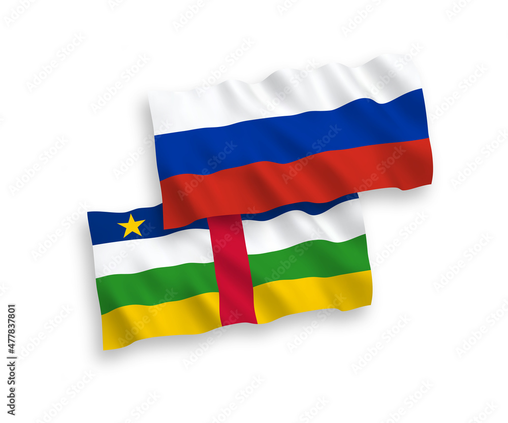 Fototapeta premium National vector fabric wave flags of Central African Republic and Russia isolated on white background. 1 to 2 proportion.