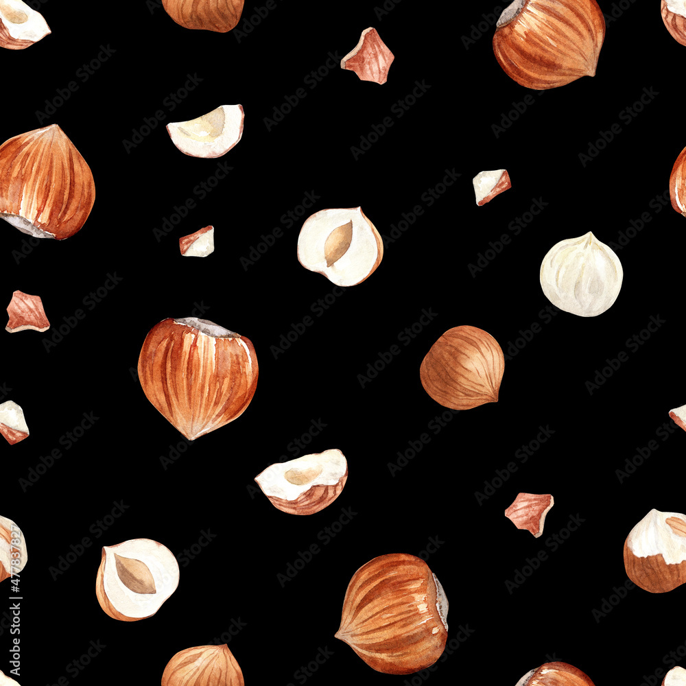 Seamless pattern of hazelnuts on black Seamless pattern of hazelnuts on black