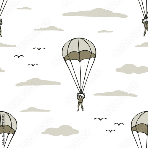 Fototapeta Naklejka Na Ścianę i Meble -  Seamless vector pattern with parachute jump on white background. Cartoon extreme sport wallpaper design. Decorative lifestyle fashion textile.