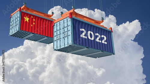 Trading 2022. Freight container with China national flag. 3D Rendering 