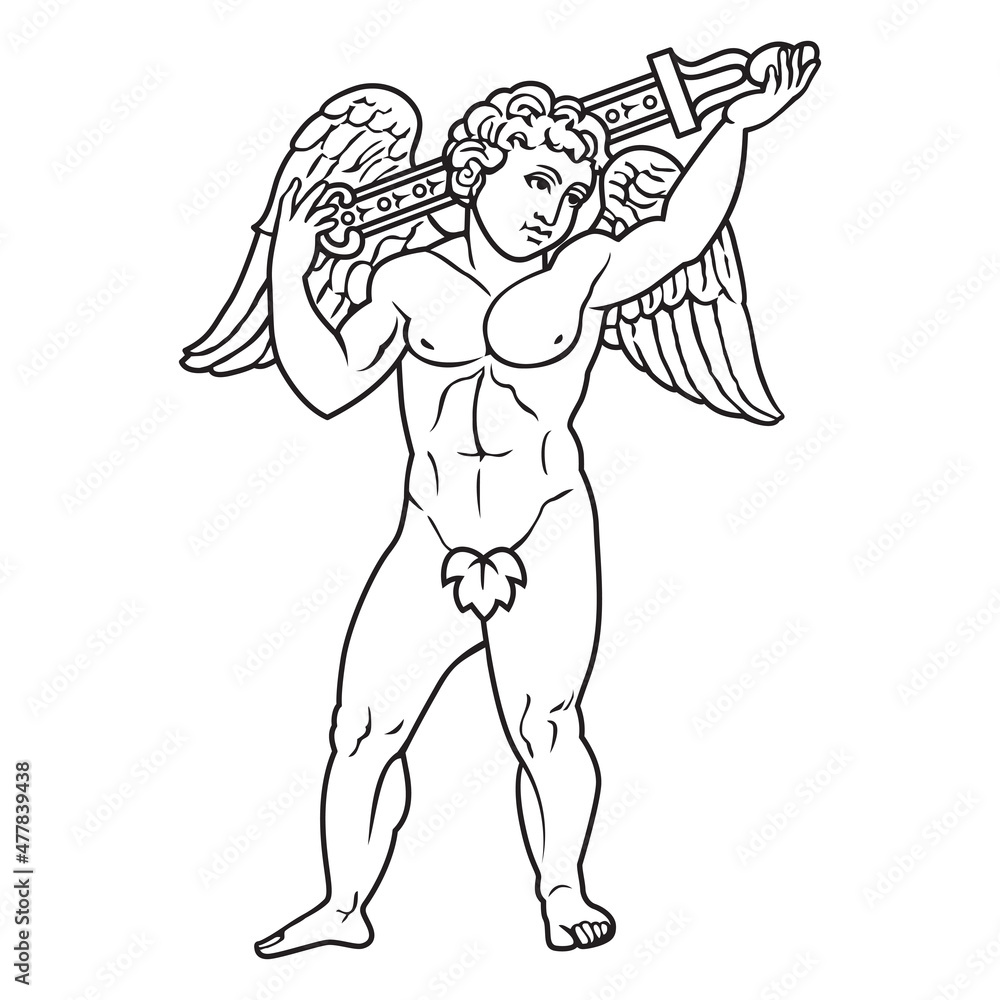 Ancient greek cupid with sword winged goddess illustration