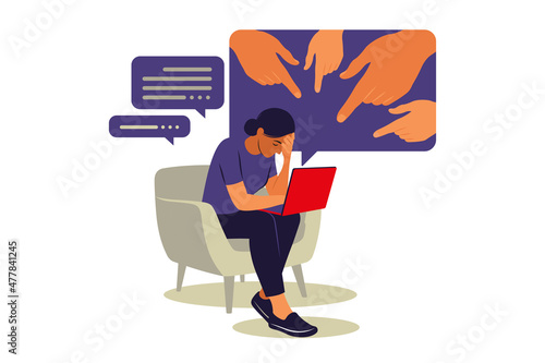 Cyber bullying concept. Opinion and the pressure of society. Shame. Hands of people point to the girl. Non-confident woman. Vector. Flat