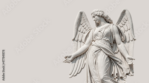 Bilde på lerret Banner with a beautiful angel as a bas relief wall sculpture, details, closeup, with copy space solid background