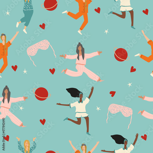 Seamless pattern of young girls dressed in cozy soft pajamas of different styles in colors, sleep mask, stars and planets. Cozy Vector illustration for textiles or any other products.