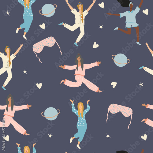 Seamless pattern of young girls dressed in cozy soft pajamas of different styles in colors, sleep mask, stars and planets. Cozy Vector illustration for textiles or any other products.