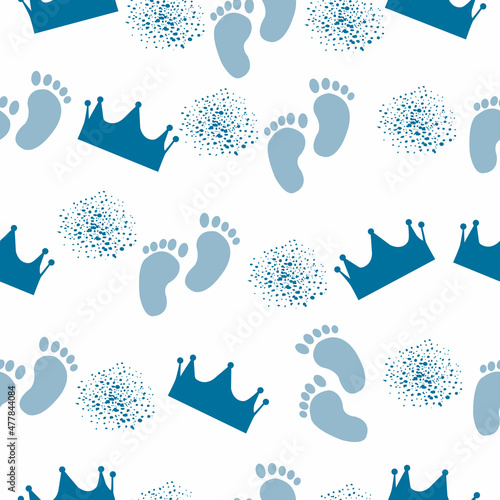 Seamless pattern of blue crown and baby feet. Vector illustration for the birth of a baby.