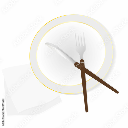 plate with a decoration in the form of a golden line on it is a fork and a knife next to napkins. The vector illustration is isolated on a white background. The end of the meal