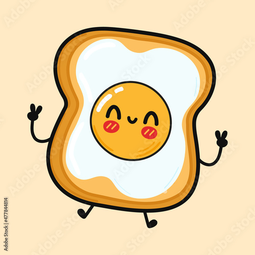 Cute funny jumping toast with fried eggs character. Vector hand drawn cartoon kawaii illustration icon. Isolated on brown background. Toast with fried eggs character concept