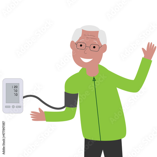An elderly man is measuring his blood pressure.
