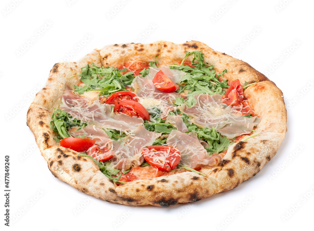 Neapolitan style pizza with prosciutto, arugula and tomatoes isolated on white background.