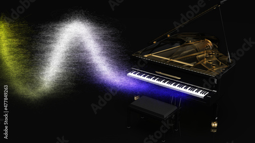 Photography Black-Gold Grand Piano with Yellow-Blue Swirling Mesh