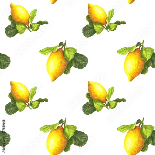 Watercolor lemons with leaves in a seamless pattern for decoration of kitchen or for print