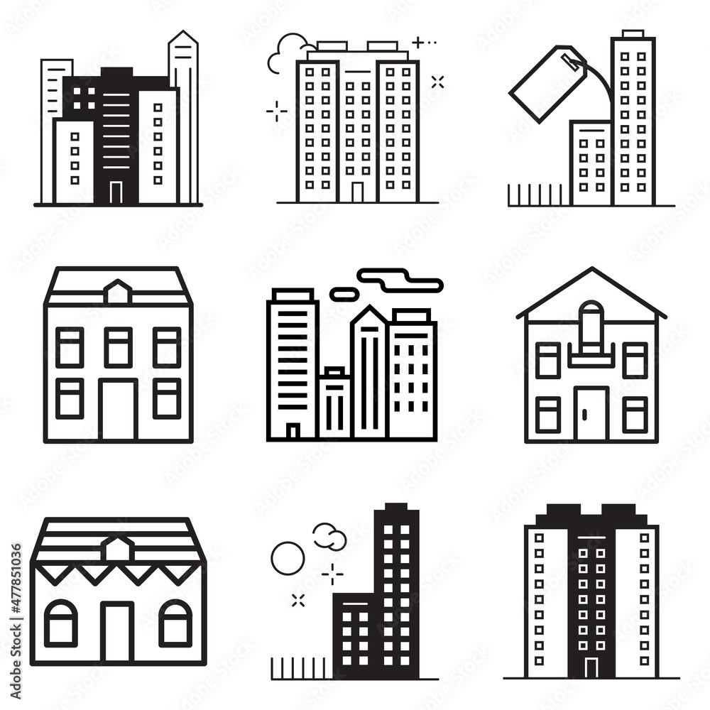 City Buildings Flat Icon Set Isolated
