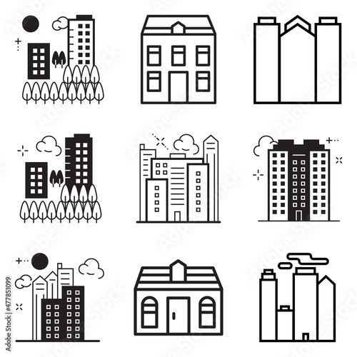 City Buildings Flat Icon Set Isolated