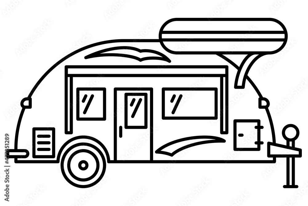 Motorhome with a trunk at the top. A recreational vehicle. Family camping, traveling outside. Vector icon, outline, isolated