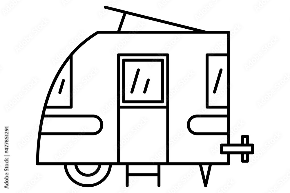 A miniature motorhome with an open hatch on the roof at the top. A recreational vehicle, a trip outside for the whole family. Vector icon, outline, isolated A miniature motorhome with an open hatch on the roof at the top. A recreational vehicle, a trip outside for the whole family. Vector icon, outline, isolated