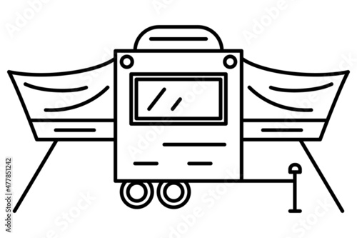 A car trailer with an awning. Miniature motorhome for traveling outside. Vector icon, outline, isolated