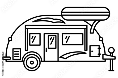 Motorhome with a trunk at the top. A recreational vehicle. Family camping, traveling outside. Vector icon, outline, isolated
