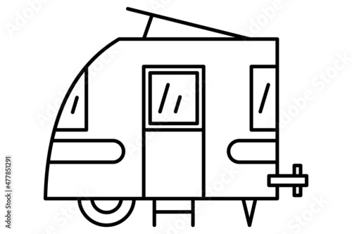 A miniature motorhome with an open hatch on the roof at the top. A recreational vehicle, a trip outside for the whole family. Vector icon, outline, isolated