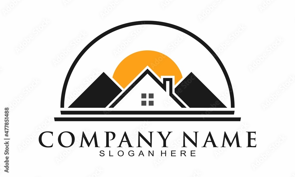 Naklejka premium Home property and sun vector logo