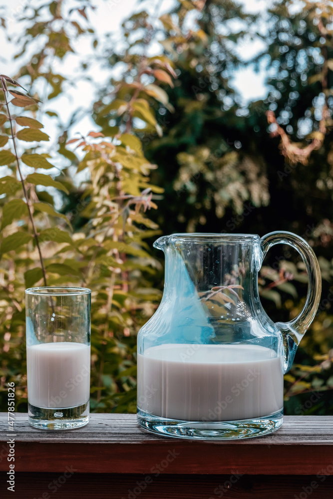 glass of milk and carafe outdoors on table glass of milk and carafe outdoors on table