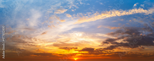 Panoramic view of sky and cloudy sunrise, natural phenomena background © c_atta