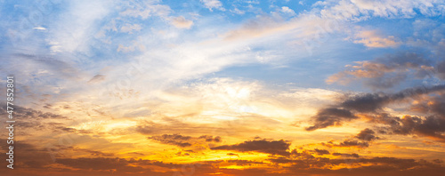 Panoramic view of sky and cloudy sunlight, natural phenomena background © c_atta