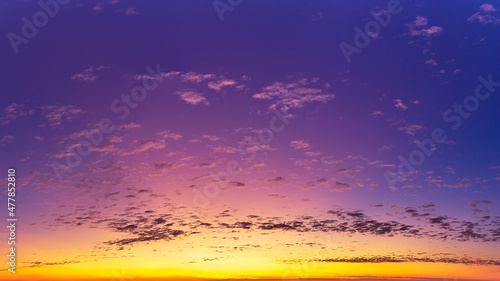 Panorama nature background of twilight sky and small fluffy clouds with sunlight. © c_atta