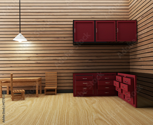 interior kitchen wooden room in 3D render image