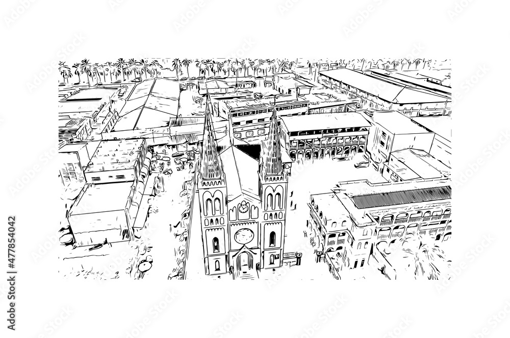 Building view with landmark of Lome is the 
capital in Togo. Hand drawn sketch illustration in vector.