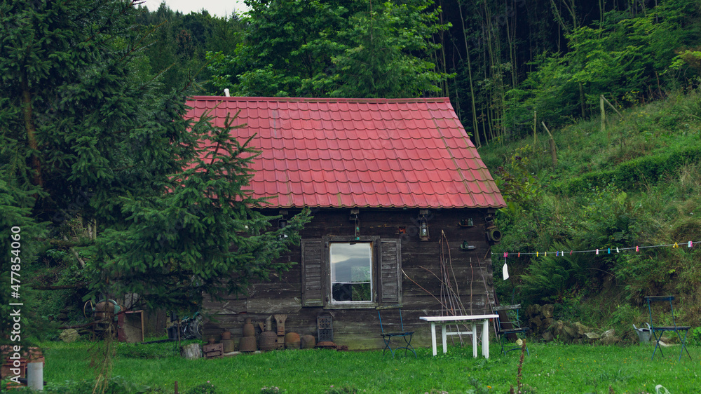 A wooden house in the depths of the Sowie Mountains forest A wooden house in the depths of the Sowie Mountains forest