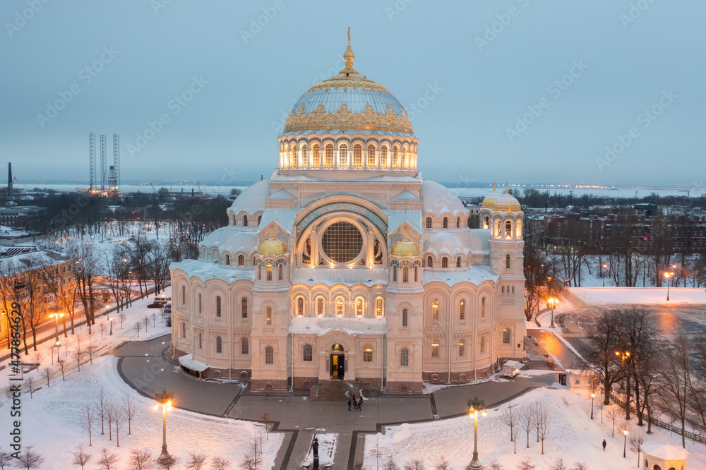 Fototapeta premium Aerial view of the Naval Cathedral of Nicholas in Kronstadt at night. Kotlin Island. Winter