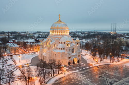 Aerial view of the Naval Cathedral of Nicholas the Wonderworker in Kronstadt at night. Kotlin Island. Winter