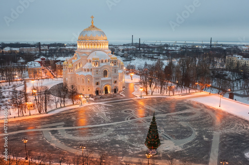 Aerial view of the Naval Cathedral of Nicholas the Wonderworker in Kronstadt at night. Kotlin Island. Winter
