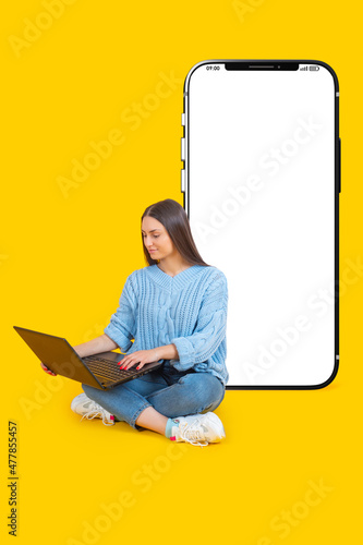 Big phone behind woman. Gir...