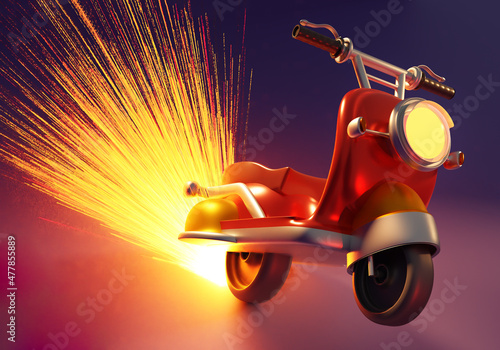 Scooter with sparks. Red scooter render. Concept - sale of vintage scooters. Sparks under motorbike wheels. Electric motorbike. Empty motorcycle for delivery man. Sale of vintage motorbike. 3d image