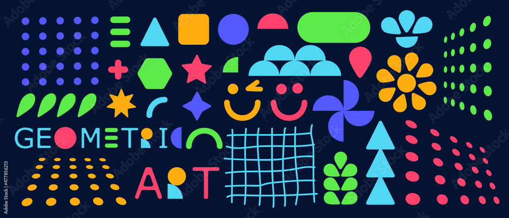 Set of various bright basic Geometric Figures and different shapes. Abstract minimal contemporary modern trendy vector illustration. Set of various bright basic Geometric Figures and different shapes. Abstract minimal contemporary modern trendy vector illustration.