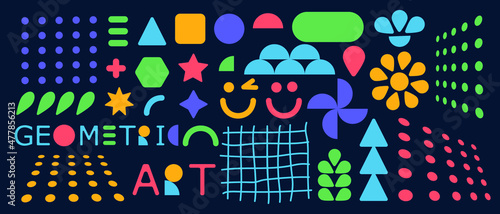 Set of various bright basic Geometric Figures and different shapes. Abstract minimal contemporary modern trendy vector illustration.